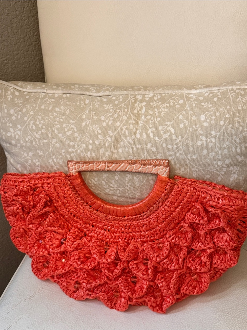 Stylish Coral Crochet Ruffle Handbag